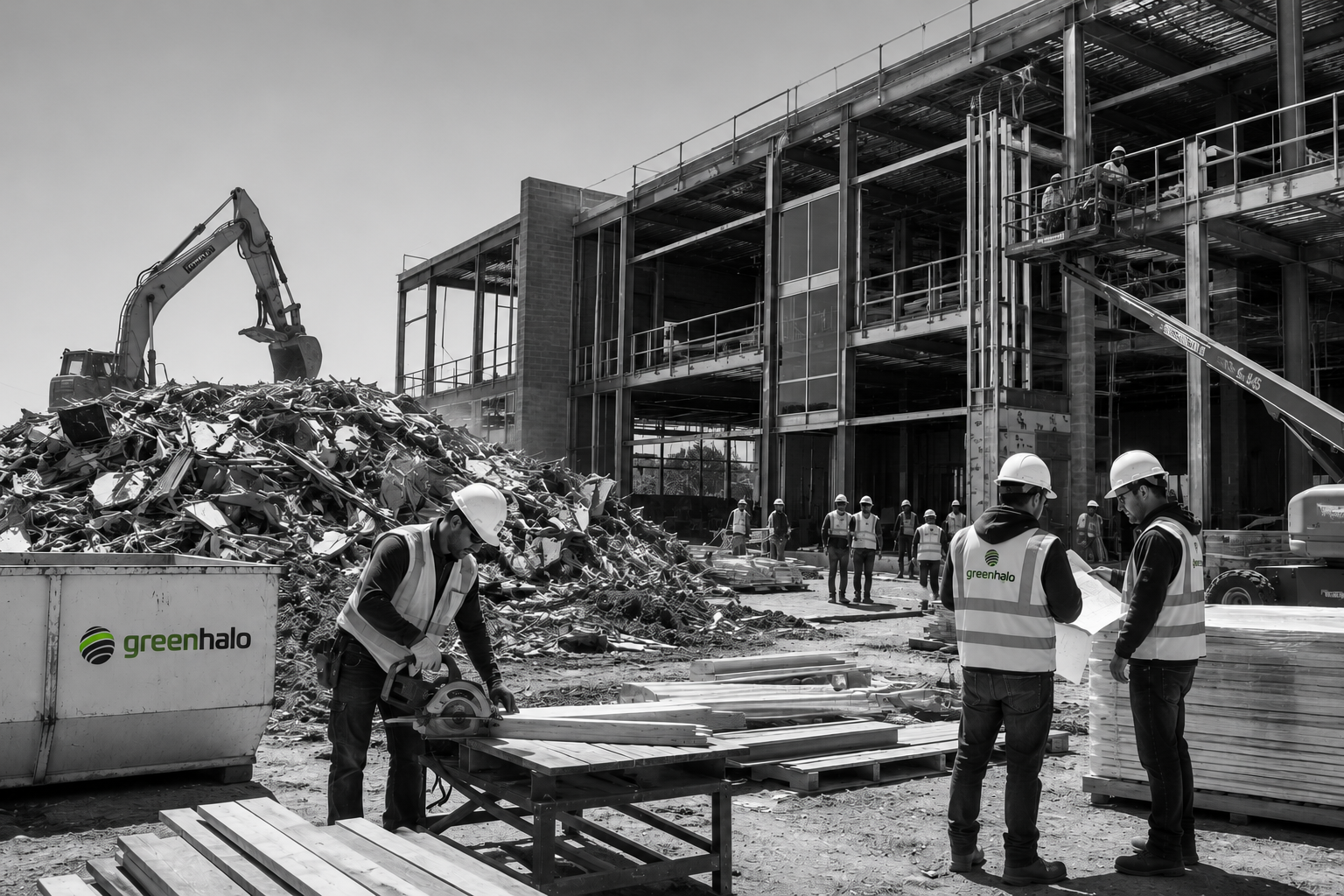 Contractors working on a job site in front of a large pile of construction debris