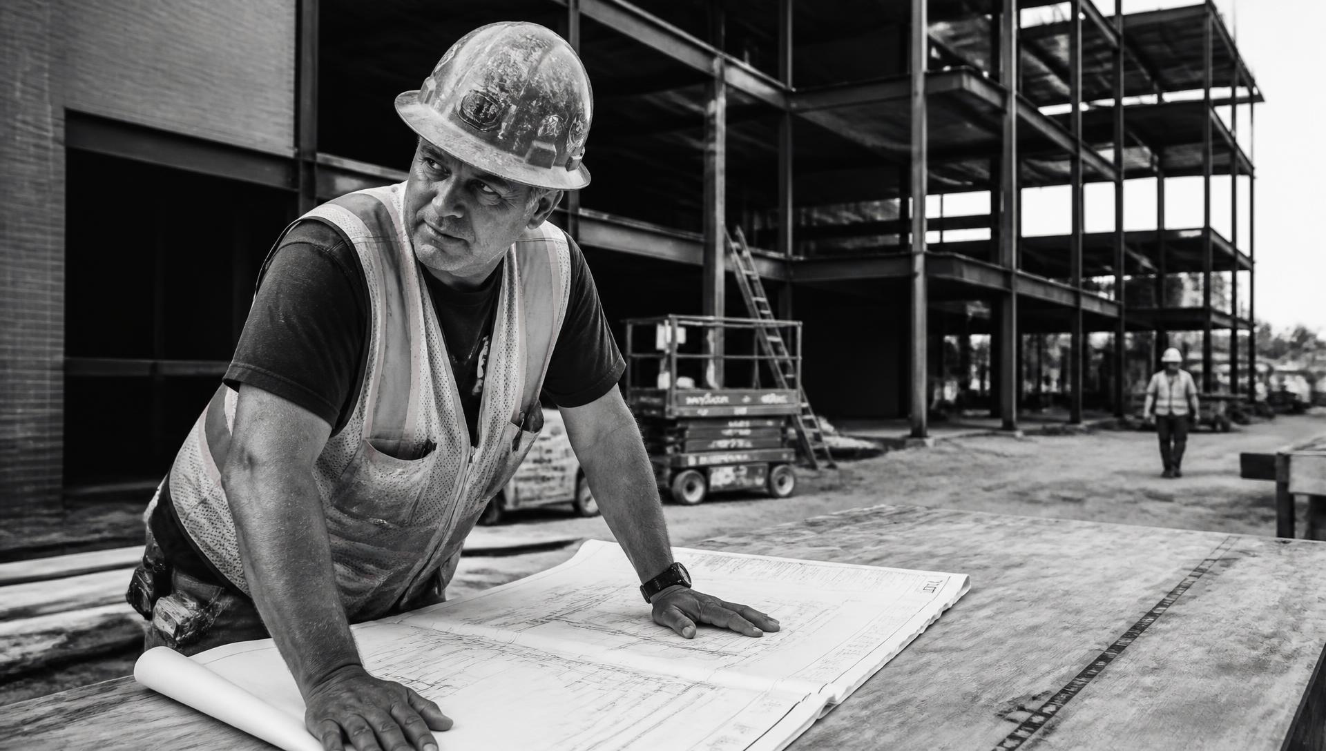 Construction foreman reviewing project plans on a jobsite